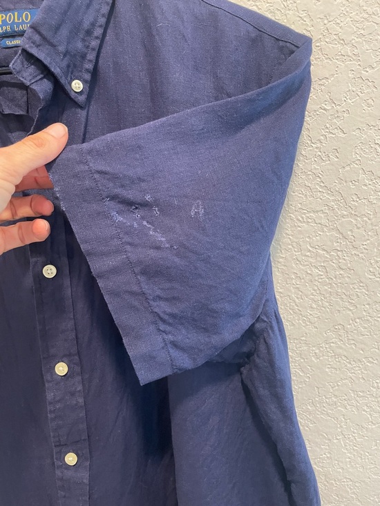 Polo Ralph Lauren Short Sleeve Button Down Shirt Blue Size M Distressed Flawed - Picture 4 of 6